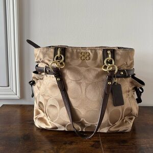 Coach Colette Signature Sateen Carryall Tote bag With Dark Brown leather Trim